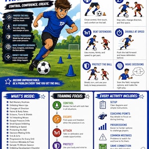 May include: A 15-page football coaching guide titled Third Phase Soccer Dribbling Training Guide. The document features illustrations of a player dribbling a ball, instructional icons, training focus sections, and text detailing drills.
