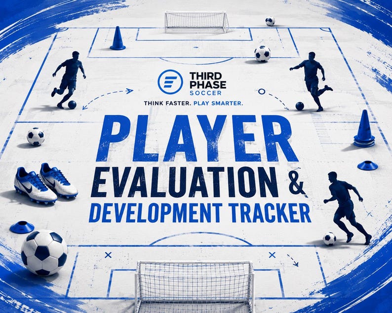 May include: A football training graphic featuring a pitch layout with blue cones, footballs, and silhouettes of players in motion. The text reads Third Phase Soccer, Think Faster. Play Smarter. Player Evaluation & Development Tracker in blue.
