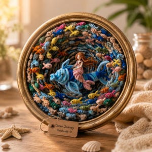 Peut inclure: Un cadre circulaire doré contenant une œuvre en crochet multicolore représentant un personnage aux longs cheveux chevauchant un grand poisson bleu, entouré de nombreux petits poissons en crochet. Une étiquette brune indique Ocean Journey Handmade.