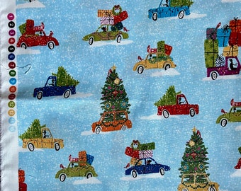 Retro Christmas Tree Cars, Half Yard, Makower UK,Quilting Crafting Fabric