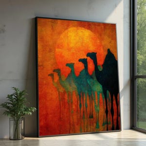 Sunset Camel Caravan Canvas, Desert Silhouette Wall Art, African Safari Landscape, Warm - Large Canvas Wall Art, Oversized Statement Piece