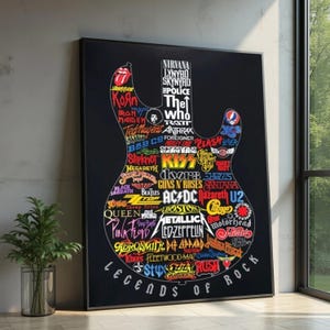 Pode incluir: Uma impressão de arte de parede retangular preta com o contorno branco de uma guitarra elétrica preenchido com vários logotipos e nomes de bandas coloridos. O texto "LEGENDS OF ROCK" está impresso em branco na parte inferior da guitarra sobre fundo preto.