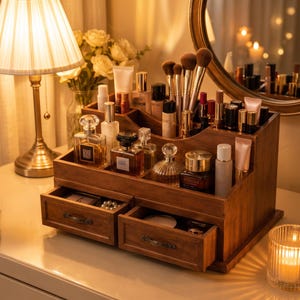 Può includere: Un organizer per trucchi in legno con due cassetti estraibili e scomparti multipli. L'organizer contiene vari flaconi di profumo in vetro, pennelli da trucco con setole marroni e tubetti di cosmetici. I cassetti presentano piccole maniglie in metallo.
