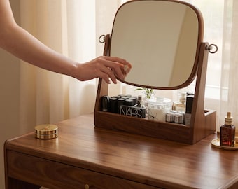 Wooden Vanity Mirror Jewelry Box Organizer – Black Walnut Makeup with 360 degrees Rotation, Modern Desk Dresser Mirror