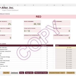 May include: A digital project control dashboard spreadsheet titled Ever After, Inc. with a large purple COPY watermark. It displays overall project status, word count progress at 2%, 88,150 words remaining, and a stage gate ladder with 12 locked beats.