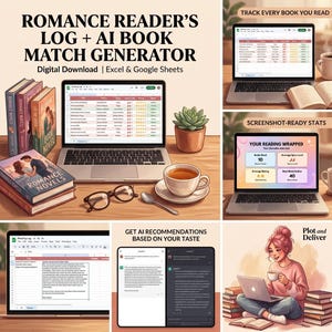 Puede incluir: Un registro digital de lectura de novelas románticas y un generador de coincidencias de libros por IA para Excel y Google Sheets. La imagen muestra portátiles con registros, estadísticas, chats de IA, libros, una suculenta y café.