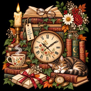 May include: A stack of vintage books with a sleeping tabby cat, a floral clock, a steaming cup of tea, a lit candle, and a bouquet of flowers. A tag reads A Good Book A Brighter Day. The scene includes eyeglasses, a pocket watch, and letters.
