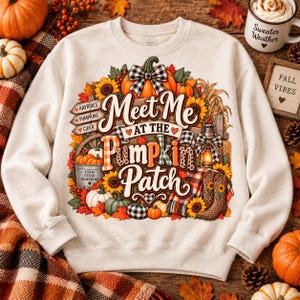 May include: A cream-colored sweatshirt featuring a colorful graphic print with the text Meet Me at the Pumpkin Patch. The design includes pumpkins, sunflowers, a lantern, cowboy boots, and wooden signs labeled Hayrides, Pumpkins, and Cider.