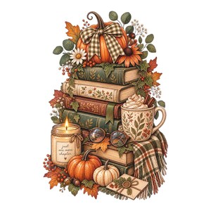 Höstbokälskare PNG, pumpabokstapel Clipart, mysig höstläsning PNG, Cottagecore-läsardesign, bara ett kapitel till, boklig höstkonst