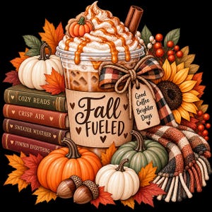 May include: An iced coffee in a plastic cup with whipped cream, caramel drizzle, and a cinnamon stick, labeled Fall FUELED. Surrounded by books titled Cozy Reads, Crisp Air, Sweater Weather, Pumpkin Everything, pumpkins, acorns, and a plaid scarf.