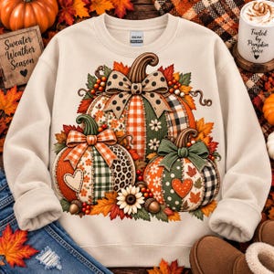 May include: A cream-colored crewneck sweatshirt featuring a graphic of three pumpkins decorated with various patterns including plaid, leopard print, and floral designs. The pumpkins are adorned with bows, hearts, and autumn leaves.