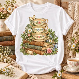 May include: A white t-shirt featuring a graphic print of three stacked floral teacups resting on a pile of vintage books, surrounded by daisies, roses, and two butterflies. The design includes a rolled scroll and lush green foliage accents.