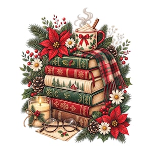 Christmas Book Stack PNG, Cozy Book Lover Christmas PNG, Holiday Reading Clipart, Poinsettia Books and Cocoa, Winter Reader Sublimation