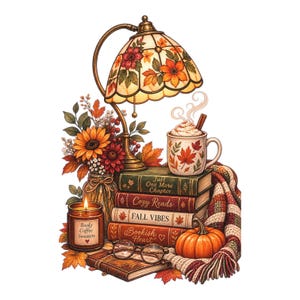 May include: A decorative illustration featuring a stained-glass lamp, a mug with steam and a cinnamon stick, a stack of four books labeled Just One More Chapter, Cozy Reads, FALL VIBES, and Bookish Heart, a candle, a pumpkin, and eyeglasses.