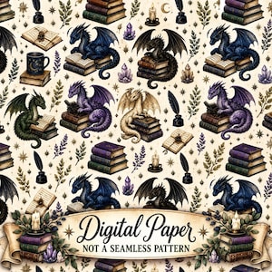 Op de afbeelding: Een digitaal papierpatroon met illustraties van draken op stapels boeken, open boeken, inktpotten met ganzenveren, kaarsen, kristallen en lavendeltakjes op een crèmekleurige achtergrond met de tekst Digital Paper NOT A SEAMLESS PATTERN.