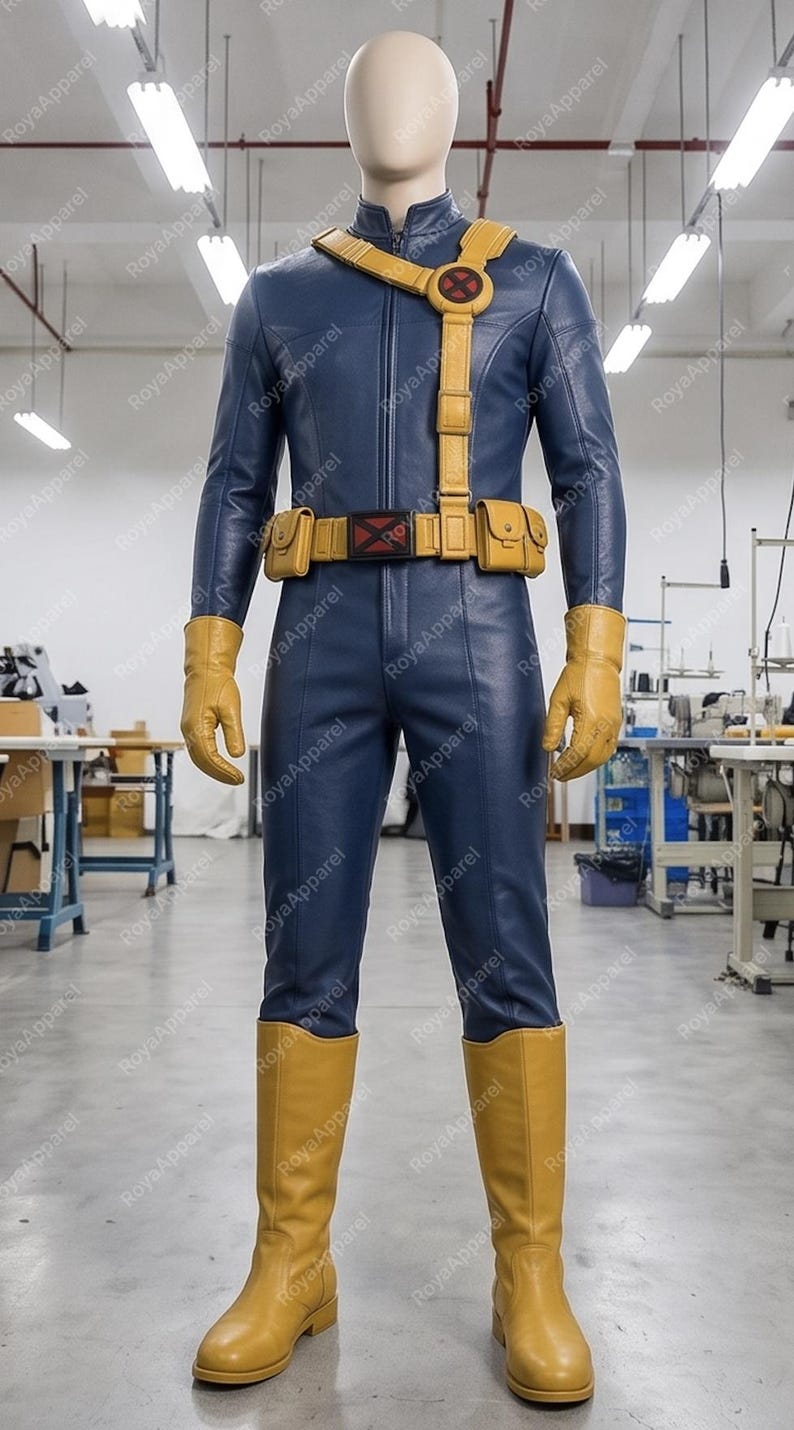 May include: A full-body blue jumpsuit costume featuring a high collar and front zip. It includes a yellow utility belt with pouches, a yellow shoulder strap with a circular red and black X-logo emblem, yellow gloves, and yellow knee-high boots.