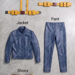 May include: A costume set including a yellow harness with a red circular emblem, a yellow utility belt with pouches and a red buckle, a blue jacket with a front zip, blue trousers, yellow boots, and yellow gloves, labelled with text.