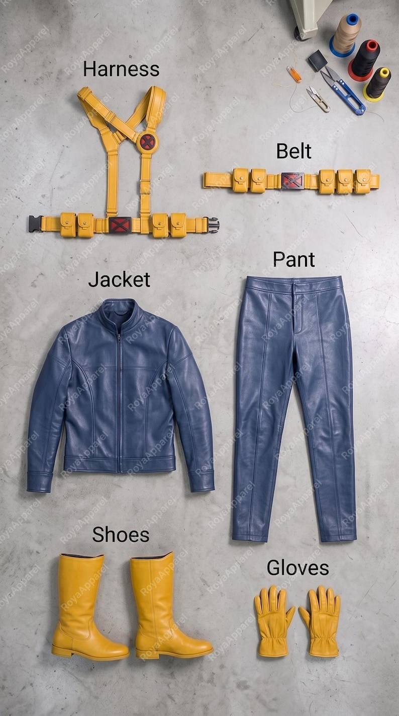 May include: A costume set including a yellow harness with a red circular emblem, a yellow utility belt with pouches and a red buckle, a blue jacket with a front zip, blue trousers, yellow boots, and yellow gloves, labelled with text.
