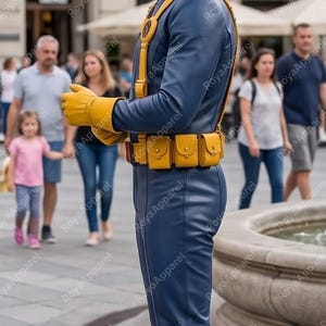 May include: A blue leather-like jumpsuit featuring a high collar, long sleeves, and a yellow harness with a circular emblem on the chest. The outfit includes a yellow utility belt with multiple pouches, yellow gloves, and yellow knee-high boots.