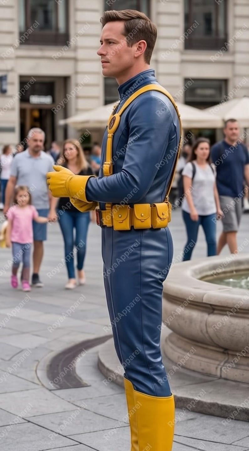 May include: A blue leather-like jumpsuit featuring a high collar, long sleeves, and a yellow harness with a circular emblem on the chest. The outfit includes a yellow utility belt with multiple pouches, yellow gloves, and yellow knee-high boots.