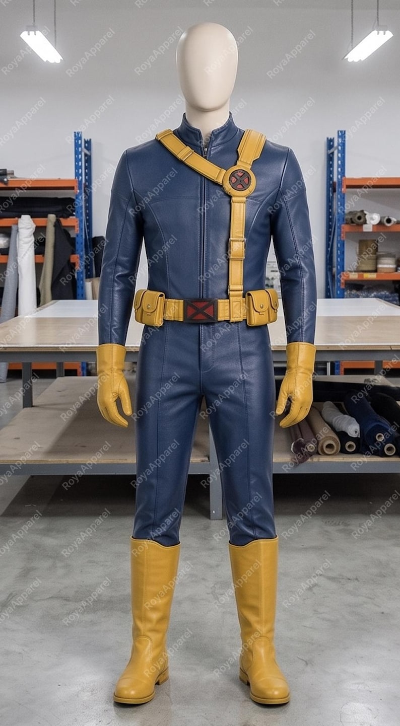 May include: A dark blue long-sleeved jumpsuit with a front zip, paired with yellow gloves and knee-high yellow boots. A yellow utility belt with two pouches and a central red X emblem is worn, along with a matching yellow shoulder strap.