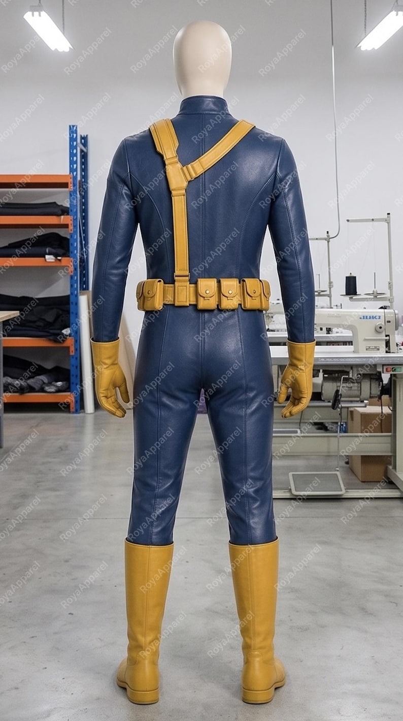May include: A full-body blue jumpsuit costume featuring a yellow utility belt with multiple pouches, a yellow shoulder strap, yellow gloves, and yellow boots. The outfit is displayed on a mannequin, showcasing a smooth, fitted design with visible seams.