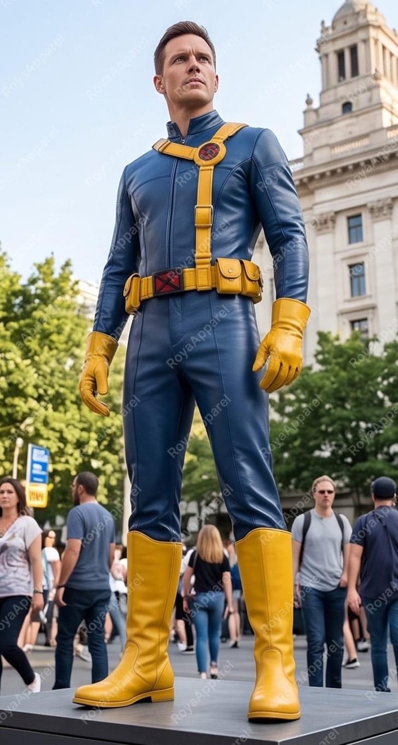 May include: A full-body blue leather jumpsuit featuring a high collar and a front zip. The outfit includes a yellow utility belt with pouches, a yellow chest harness with a circular red emblem, yellow gloves, and tall yellow leather boots.