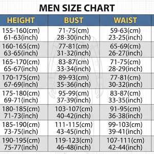 May include: A size chart table titled MEN SIZE CHART with columns for size, height, bust, waist, and hip. Each row lists measurements in both centimetres and inches for sizes ranging from XXS to XXXL, presented in a clear grid format.
