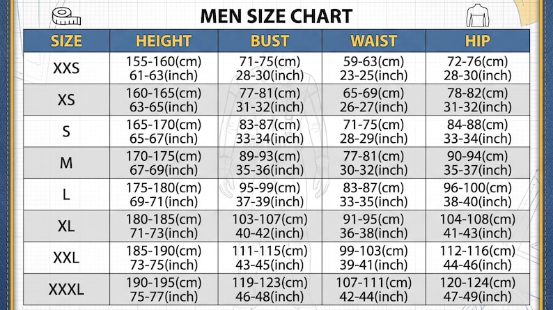 May include: A size chart table titled MEN SIZE CHART with columns for size, height, bust, waist, and hip. Each row lists measurements in both centimetres and inches for sizes ranging from XXS to XXXL, presented in a clear grid format.