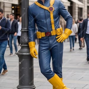 May include: A blue jumpsuit with a high collar and long sleeves, paired with yellow gloves and yellow boots. A yellow utility belt with a red X emblem and a matching yellow shoulder strap with a circular red X logo are worn over the blue jumpsuit.