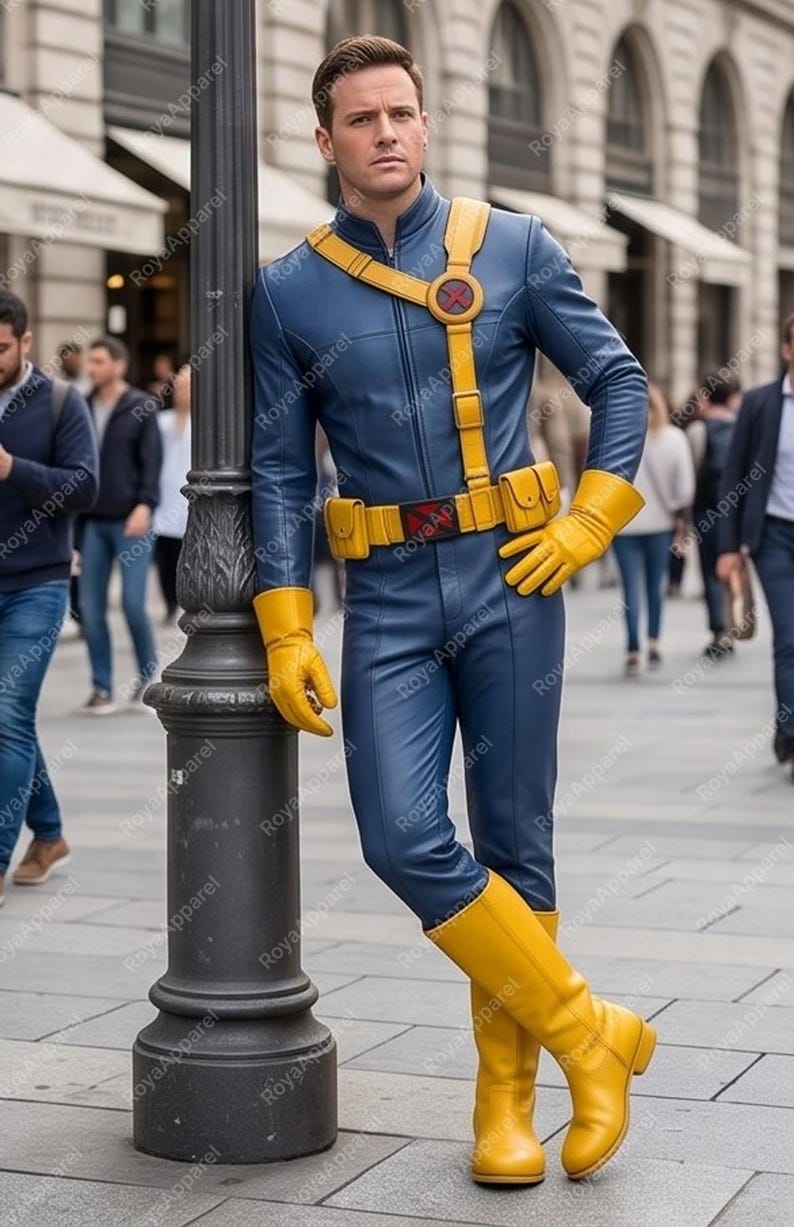 May include: A blue jumpsuit with a high collar and long sleeves, paired with yellow gloves and yellow boots. A yellow utility belt with a red X emblem and a matching yellow shoulder strap with a circular red X logo are worn over the blue jumpsuit.