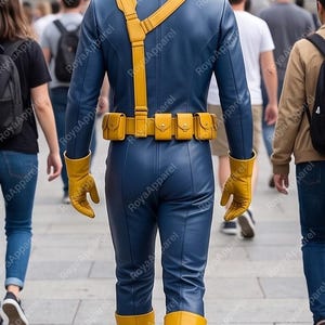 May include: A blue long-sleeved jumpsuit featuring a yellow utility belt with multiple pouches, a yellow shoulder strap, yellow gloves, and yellow boots. The outfit is worn by a person seen from the back, walking in a public outdoor area.