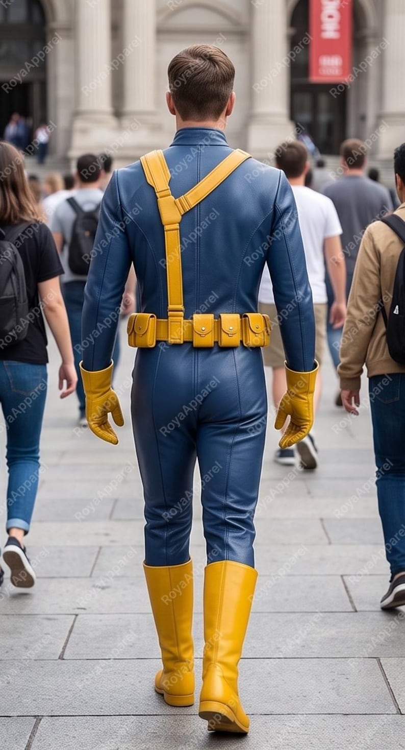 May include: A blue long-sleeved jumpsuit featuring a yellow utility belt with multiple pouches, a yellow shoulder strap, yellow gloves, and yellow boots. The outfit is worn by a person seen from the back, walking in a public outdoor area.
