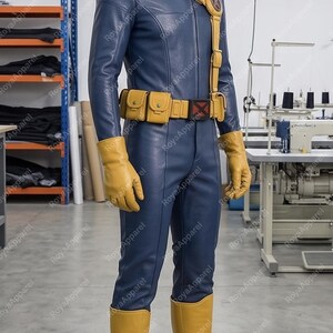 May include: A blue leather-like jumpsuit featuring a high collar and long sleeves, paired with yellow gloves and knee-high yellow boots. A yellow utility belt with pouches and a red X-logo buckle is worn, along with a matching yellow shoulder strap.