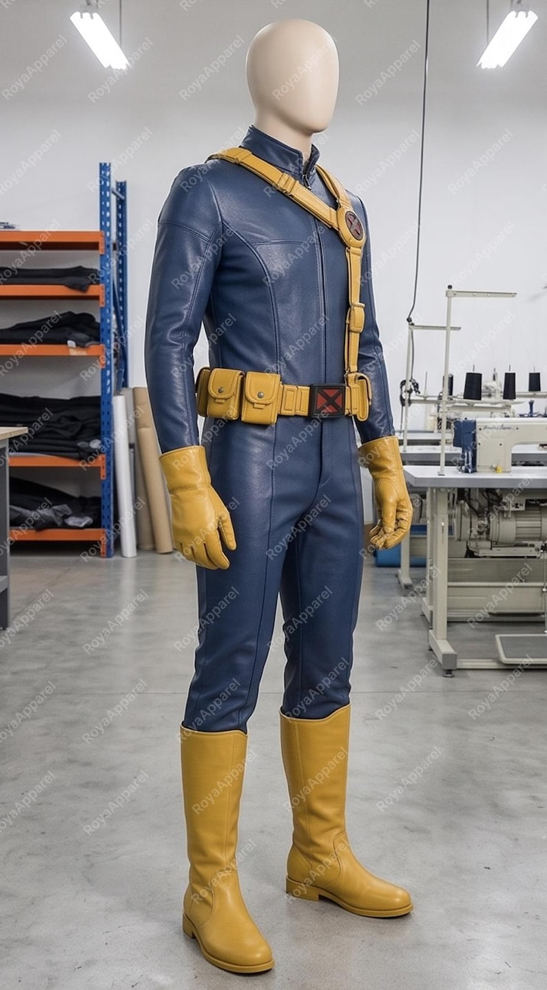 May include: A blue leather-like jumpsuit featuring a high collar and long sleeves, paired with yellow gloves and knee-high yellow boots. A yellow utility belt with pouches and a red X-logo buckle is worn, along with a matching yellow shoulder strap.