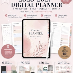 Könnte beinhalten: Ein digitaler Planer für 2026-2027 auf einem Tablet mit Eingabestift. Der Planer hat ein rosafarbenes Aquarell-Cover mit Blattillustrationen, eine verlinkte Navigation und enthält Vorlagen für Monats-, Wochen- und Tagespläne sowie Bonus-Sticker.