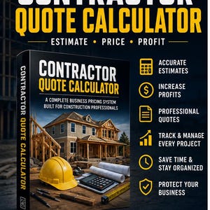 Op de afbeelding: Een digitaal product genaamd Contractor Quote Calculator met een gele veiligheidshelm, rekenmachine, bouwtekeningen en een meetlint op een bureau. De tekst bevat Estimate, Price, Profit, Accurate Estimates, Increase Profits, Professional Quotes, Track & Manage Every Project, Save Time & Stay Organized, Protect Your Business, Instant Download, Google Sheets, Excel, Printable Worksheets en Bonus Resources.