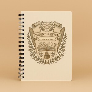 May include: A spiral-bound notebook with a cream-coloured cover featuring a brown ink illustration of a crest. The design includes a banner with the text STUDENT SURVIVAL, a sub-banner reading STUDY JOURNAL, an open book, an inkwell, and leaves.