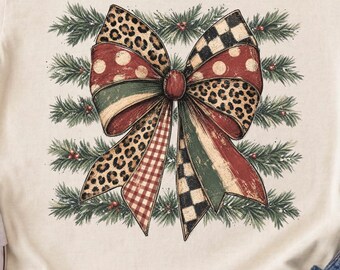ヴィンテージクリスマスリボンTシャツ、レオパードチェックホリデーコンフォートカラーズ1717 Tシャツ