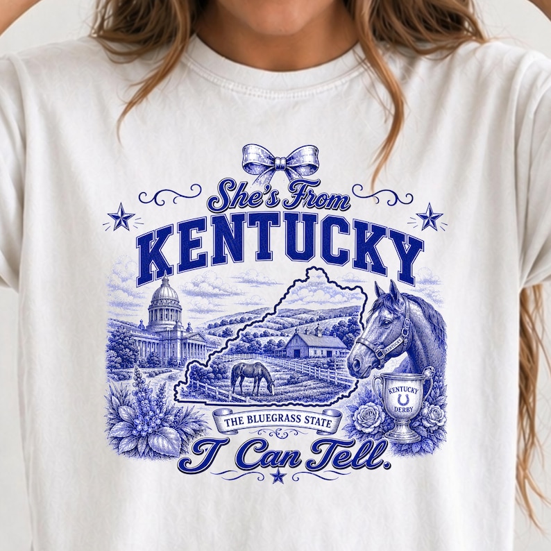 A white t-shirt with a graphic design featuring a horse, buildings, and text related to Kentucky.
