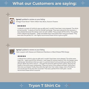 two reviews of a clothing item, specifically a vintage floral ghost t-shirt, from the brand Tryon T Shirt Co. The reviews are written by customers who have purchased the shirts and are satisfied with their purchases.