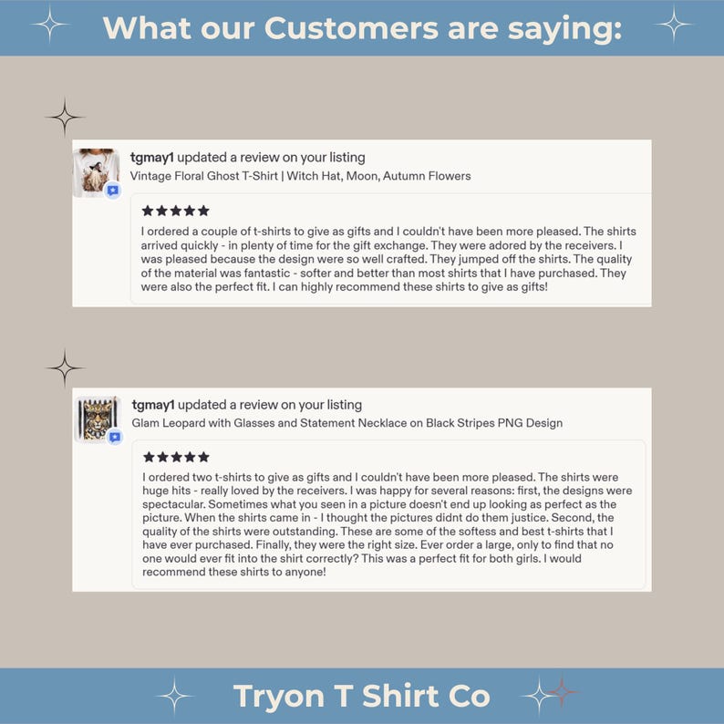 two reviews of a clothing item, specifically a vintage floral ghost t-shirt, from the brand Tryon T Shirt Co. The reviews are written by customers who have purchased the shirts and are satisfied with their purchases.