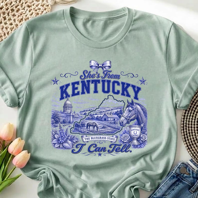 A green t-shirt with a graphic design featuring a horse, flowers, and text related to Kentucky.