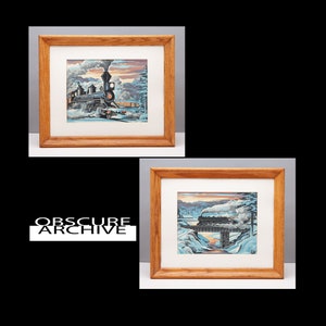 STEAM TRAINS - 2 Beautiful Paint By Number Paintings - circa 1960&#39;s - in Vintage Oak Wood Frames - PBN