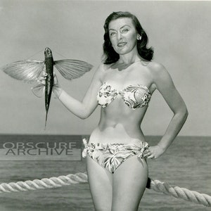 A FISH WITH WINGS - interesting portrait of a girl holding a flying fish - 1950's Catalina Island - Photographic Print