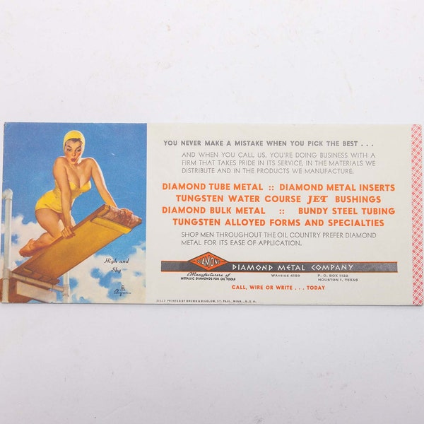 BLOTTER CARD - Gil Elvgren Pin-Up Girl - Diamond Metal Company - Brown and Bigelow Printing