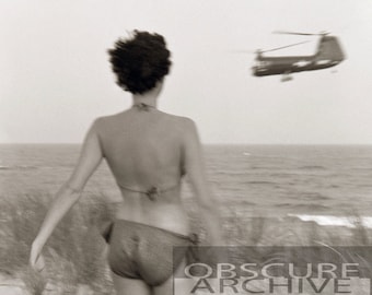 BEACH GIRL - almost magical photograph - an island girl watches a military helicopter fly by - 1950&#39;s Photograph