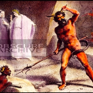 ANGRY DEVIL - Two women watch as the Devil awaits at the Gates of Hell - Photograph from a 1900&#39;s lantern slide