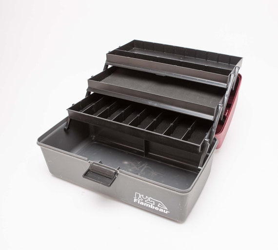 FLAMBEAU Tool or Tackle Box 3 Tray Model Maroon & Gray With Black Interior  Used as a Camera Film and Filter Box 