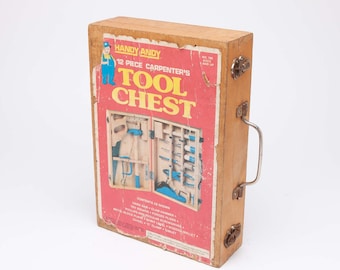 HANDY ANDY 1960&#39;s Kids Tool Chest - Wood Box with Jointed Corners
